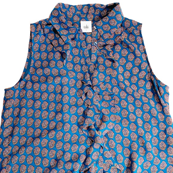 CAbi Medallion Reign Sleeveless Blouse Womens Sz Small Teal Orange Ruffles 3275 - Picture 4 of 11